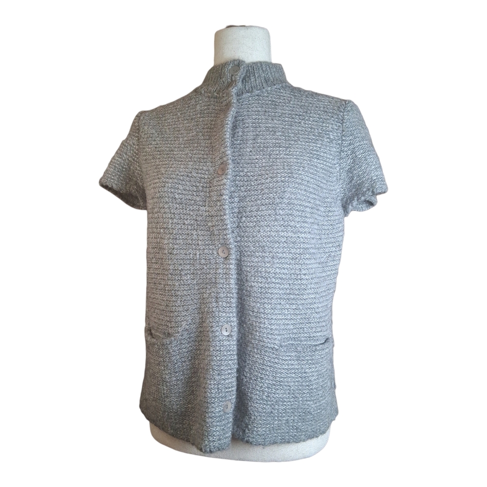 Eileen Fisher Grey Short Sleeve Mock Neck Wool Blend Cardigan Sweater PM